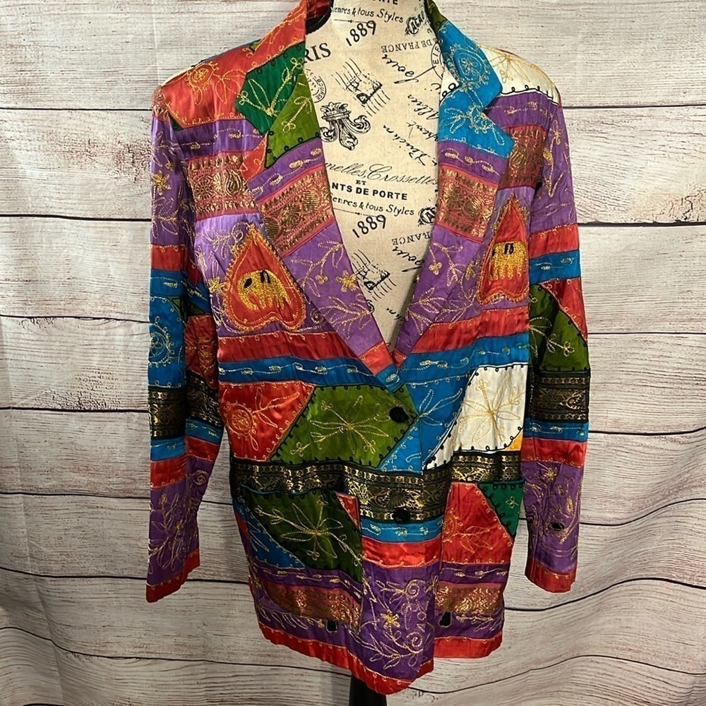 Vintage Sandy Starkman Blazer Embroidered Metallic Threads Size Small Elephant